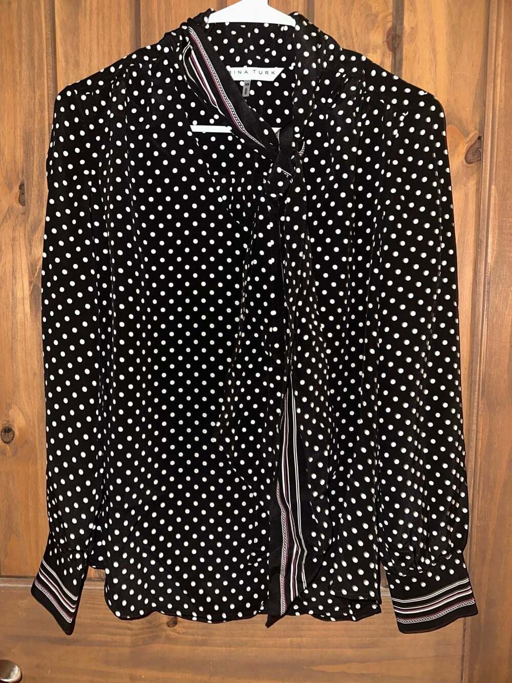 Trina Turk Polka Dot Tie-Neck Blouse Black White Long Sleeve XS